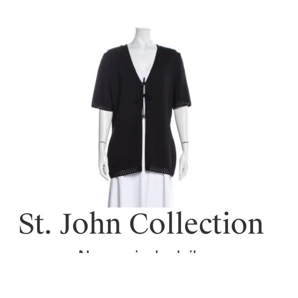St John Collection Marie Gray Black Santana Knit Cardigan Tie Front Pointelle 14